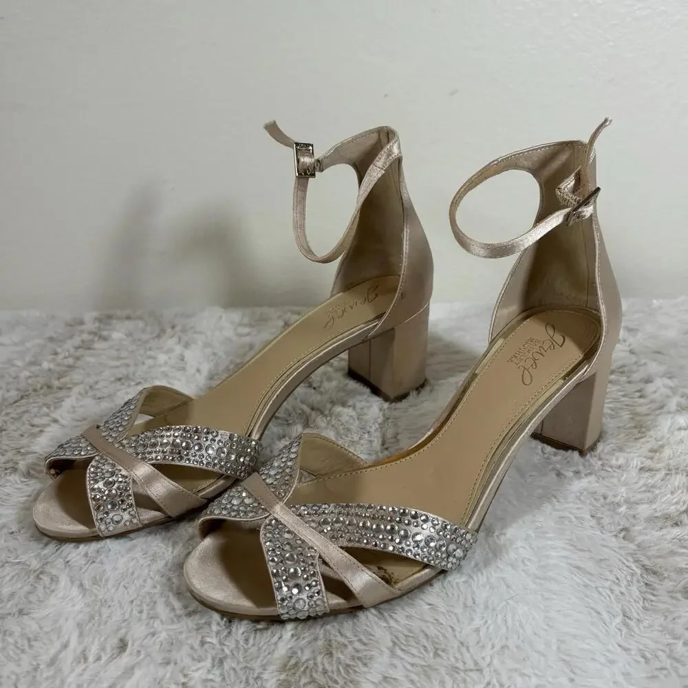 Jewel Badgley Mischka Satin Block Heel Sandals Rhinestone Ankle Strap 8.5